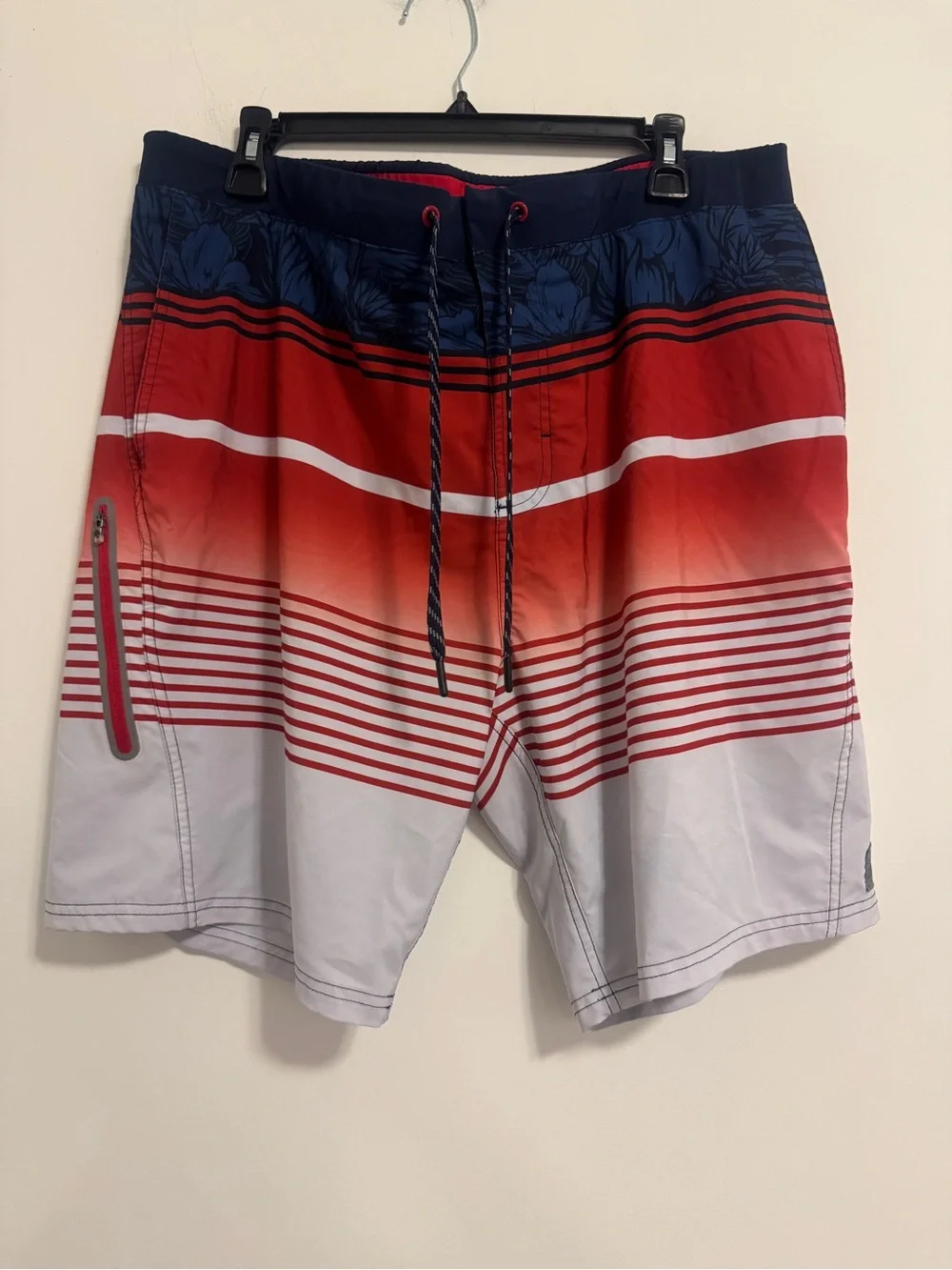 ZeroXposur Men's Red Navy White Gradient Stripe Board Shorts with Zip Pocket